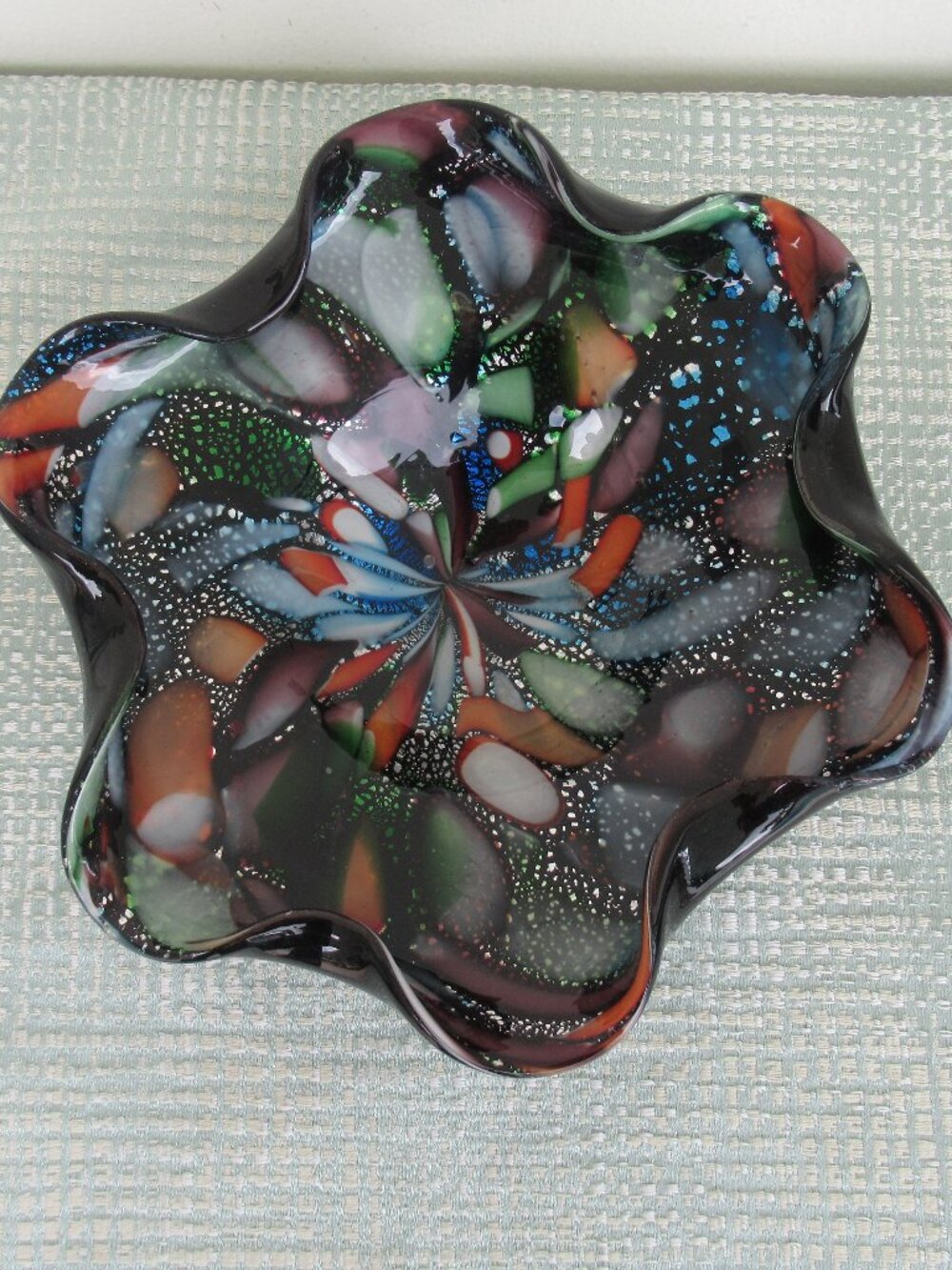 VTG Murano Art Glass Bowl Ashtray AVEM Tutti Frutti Latticino Lace Ribbon *Flaw